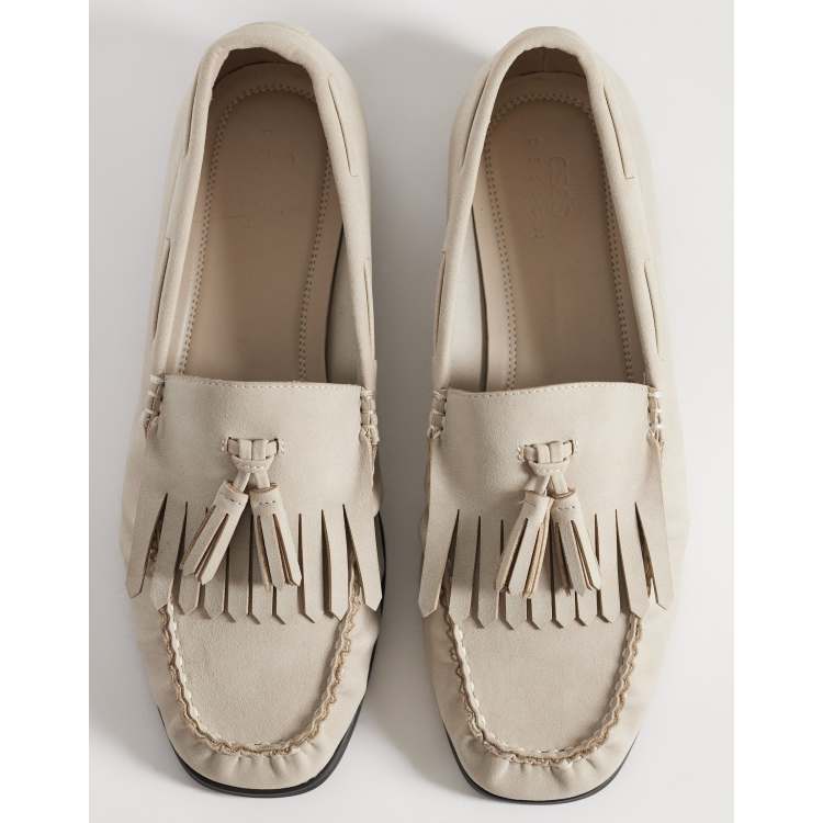 ASOS DESIGN penny loafers with fringe trim and ruched aprons in