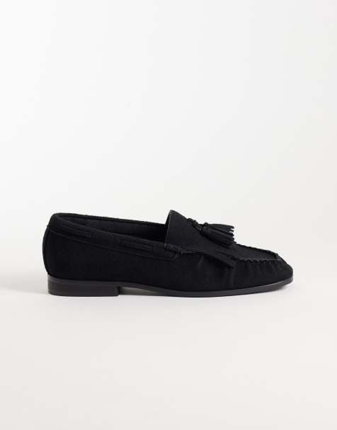 ASOS DESIGN penny loafers with fringing and ruched apron in black suede mix - view 1