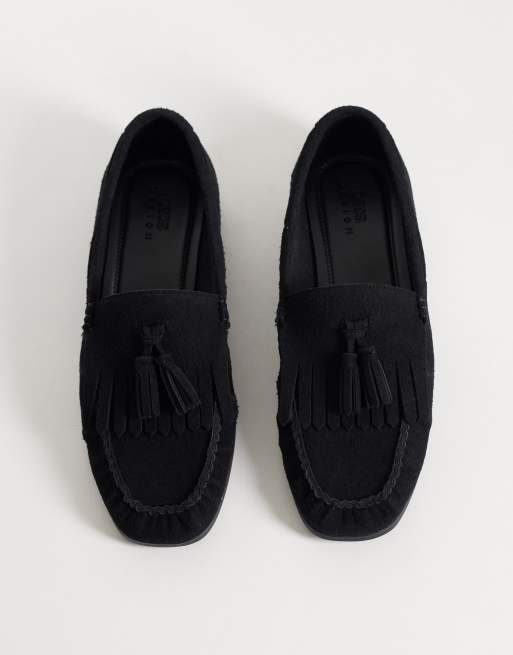 ASOS DESIGN penny loafers with fringing and ruched apron in black suede mix, 2 of 4