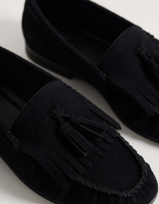 ASOS DESIGN penny loafers with fringing and ruched apron in black suede mix, 3 of 4
