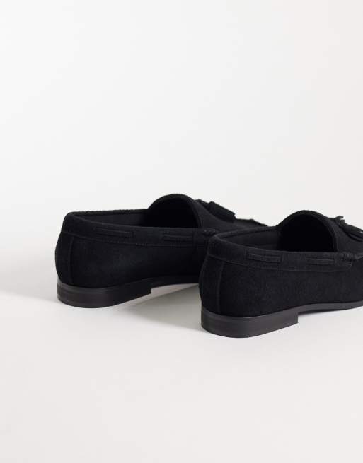 ASOS DESIGN penny loafers with fringing and ruched apron in black suede mix, 4 of 4