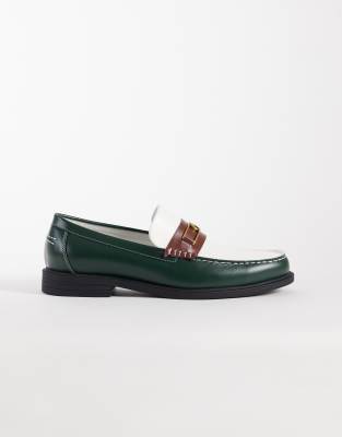  penny loafers with gold hardware in green and cream