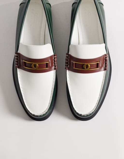 ASOS DESIGN penny loafers with gold-tone hardware in green and cream, 3 of 4
