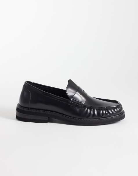 ASOS DESIGN penny loafers with ruched apron in black leather - view 1
