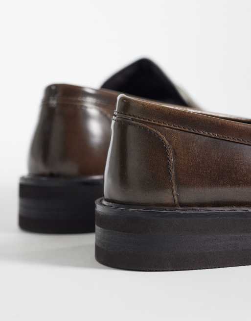ASOS DESIGN penny loafers with ruched apron in brown and cream leather, 3 of 4