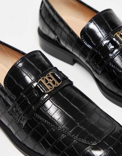 ASOS DESIGN penny loafers with square toe in black faux croc with gold hardware, 2 of 3