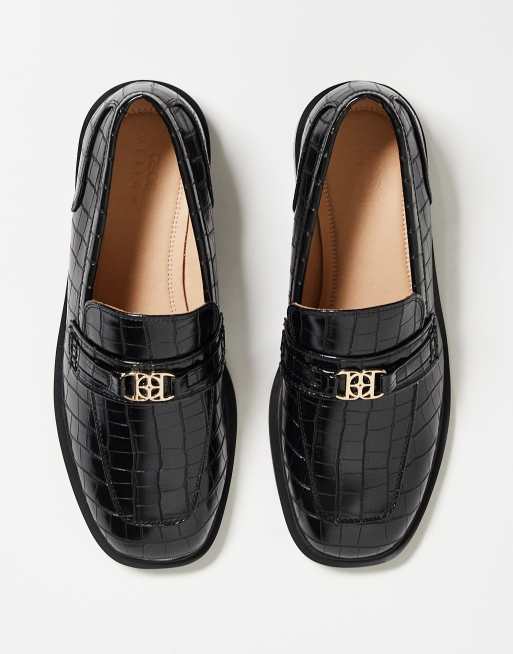 ASOS DESIGN penny loafers with square toe in black faux croc with gold hardware, 3 of 3