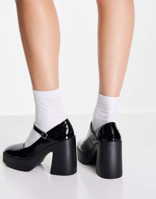 ASOS DESIGN Sebi chunky mary jane heeled shoes in black patent