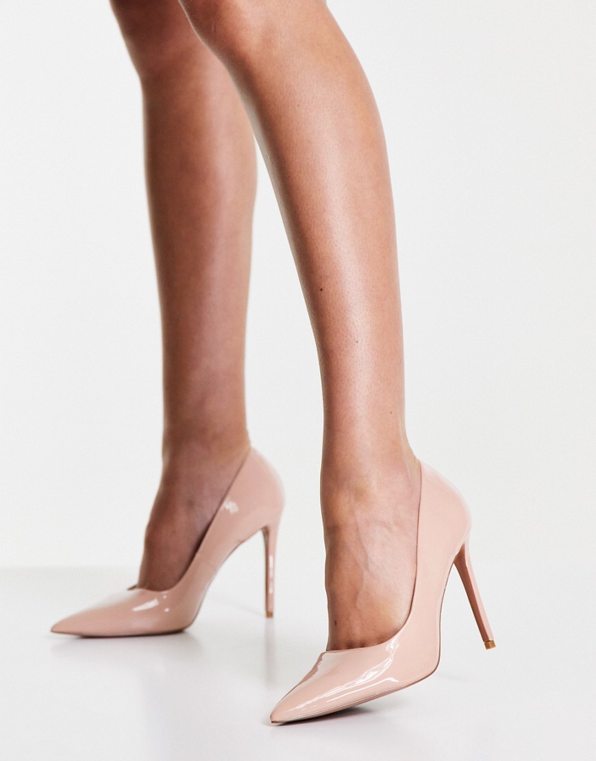 ASOS DESIGN Penza pointed high heeled court shoes in beige patent-Neutral