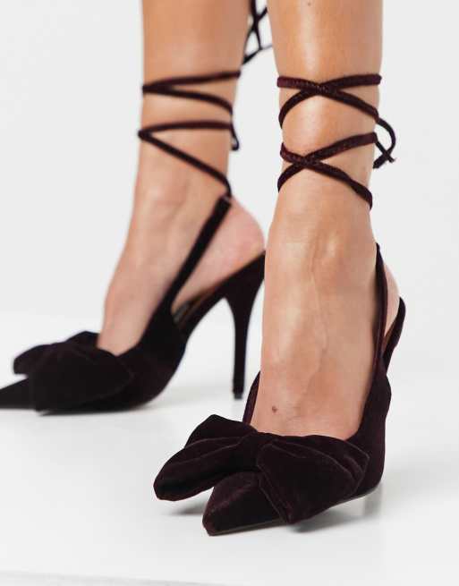 ASOS DESIGN - Peony - Bordeaux sko med hæl og bindebånd med sløjfe om benet, 3 af 4