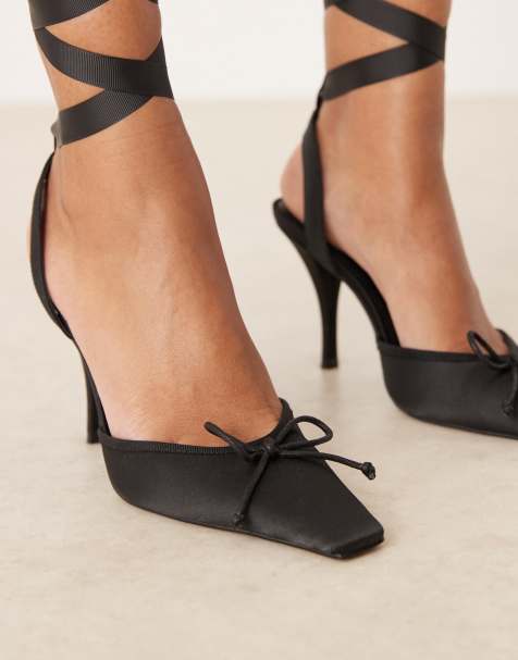 ASOS DESIGN - Peony - Schoenen van satijn met hoge hak en strikbandjes in zwart - view 1