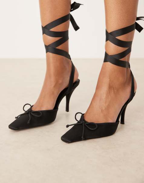 ASOS DESIGN Peony tie leg detail high heel shoes in black satin - view 1