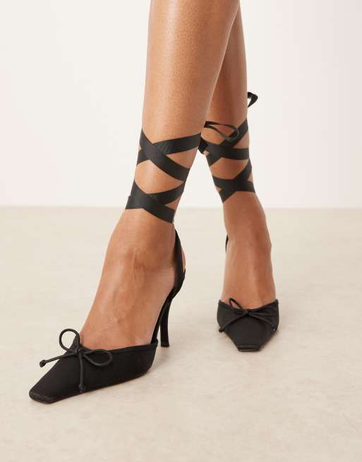 ASOS DESIGN Peony tie leg detail high heel shoes in black satin, 3 of 4