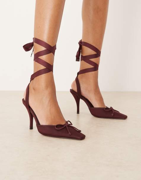 ASOS DESIGN Peony tie leg detail high heel shoes in plum satin - view 1
