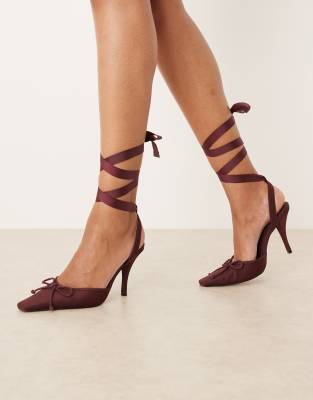 Asos Design Peony Tie Leg Detail High Heel Shoes In Burgundy