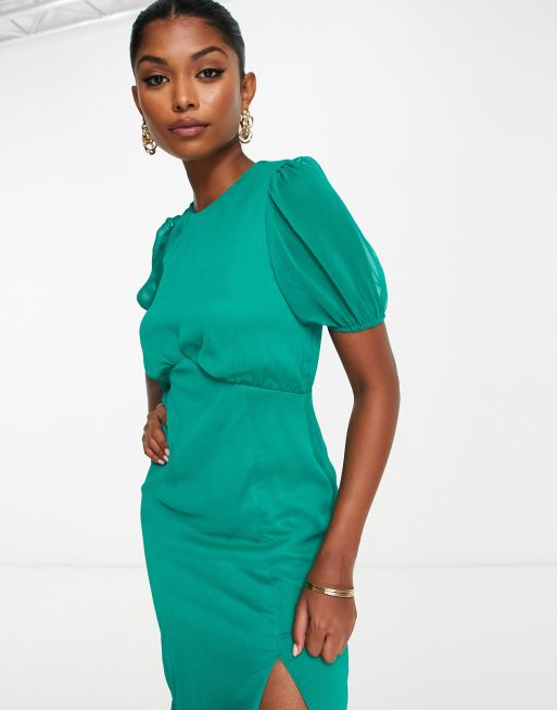 ASOS DESIGN pep hem midi dress with bubble sleeve in green