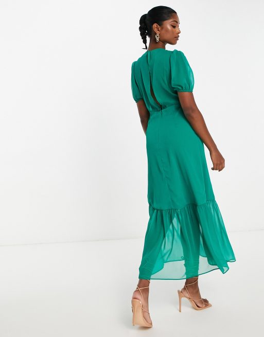 ASOS DESIGN pep hem midi dress with bubble sleeve in green