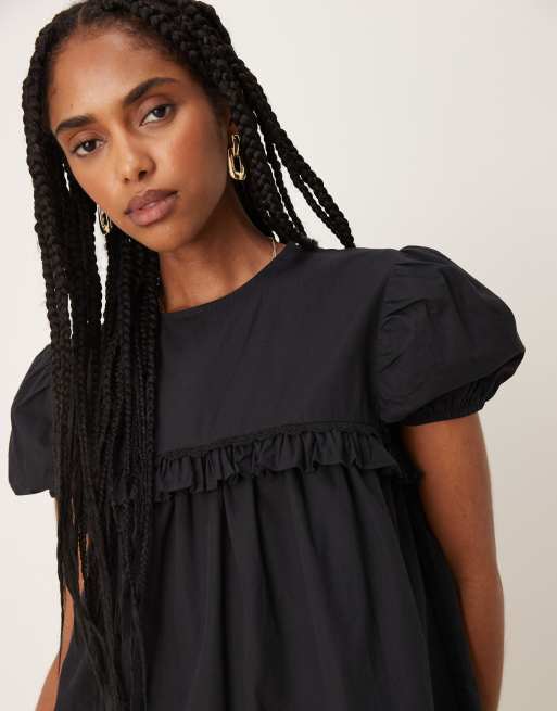 ASOS DESIGN pep hem poplin mini dress in black, 2 of 4