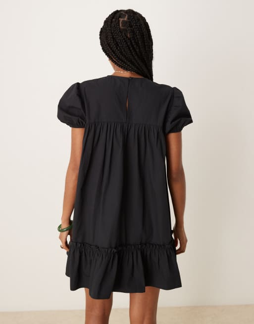 ASOS DESIGN pep hem poplin mini dress in black, 3 of 4