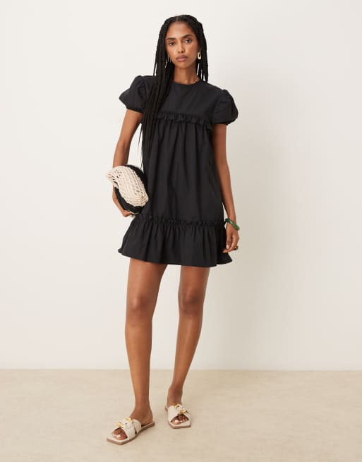 ASOS DESIGN pep hem poplin mini dress in black, 4 of 4