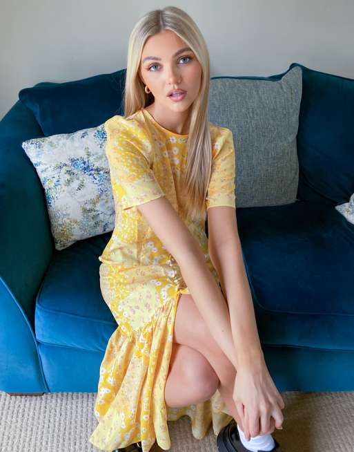 asos yellow floral midi dress ASOS DESIGN pephem midi tea dress in yellow floral print