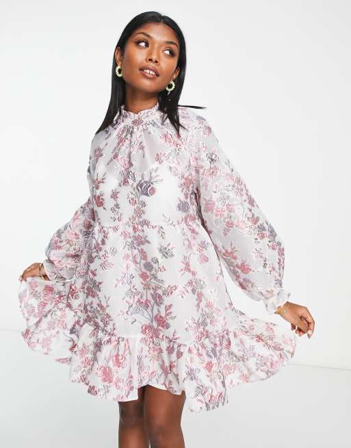 ASOS DESIGN mini smock dress with tie waist in floral jacquard