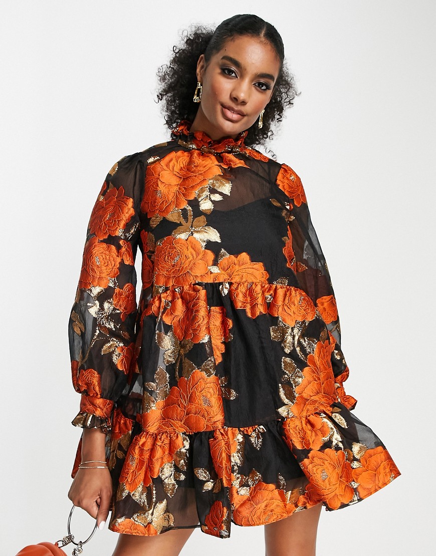 ASOS DESIGN pephem tie neck mini dress in orange floral metallic jacquard-Multi