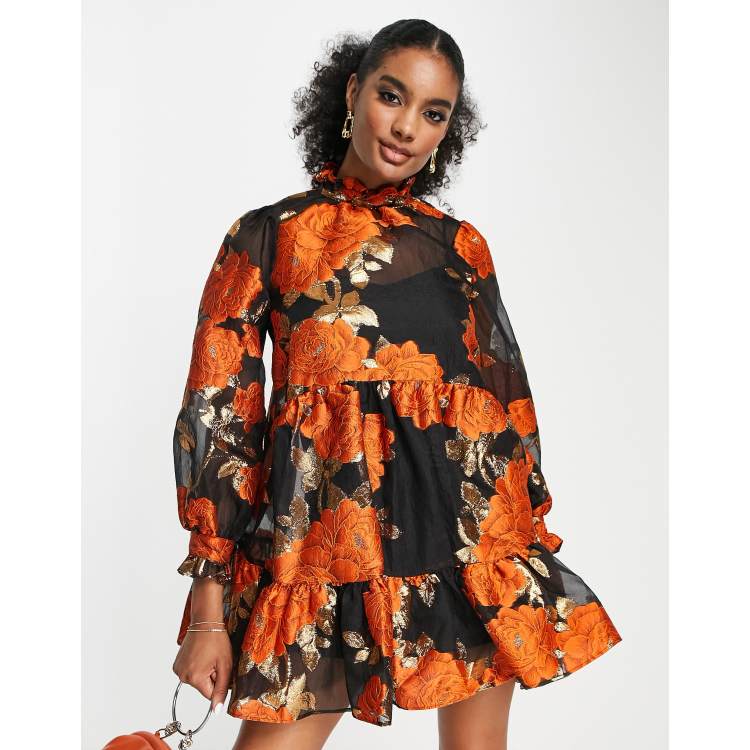 ASOS DESIGN mini smock dress with tie waist in floral jacquard