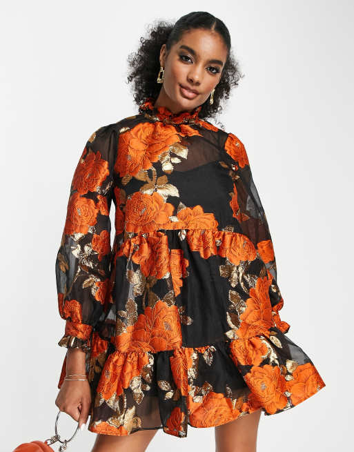 ASOS DESIGN mini smock dress with tie waist in floral jacquard chiffon -  ShopStyle