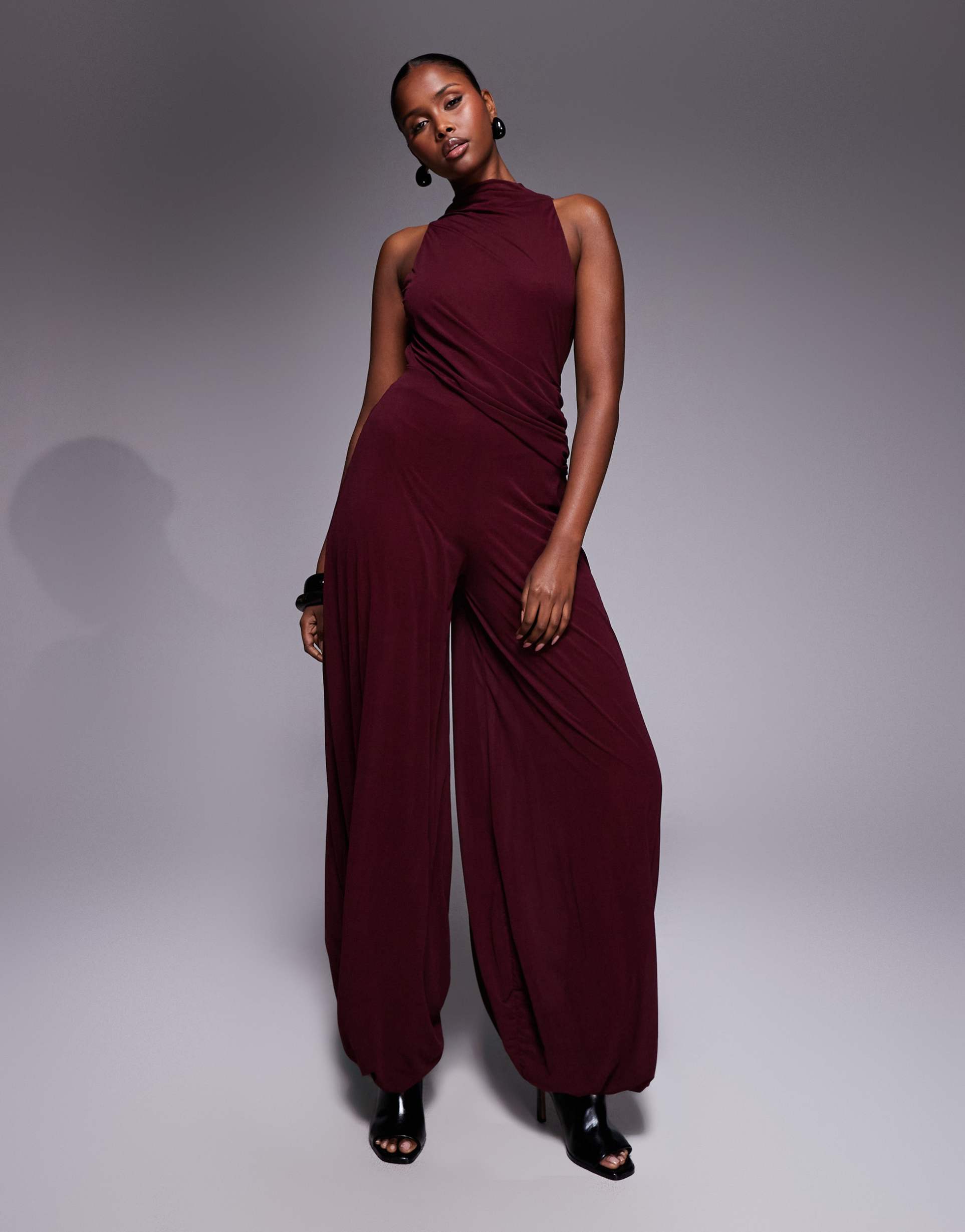 asos design peplum balloon pants jumpsuit in wine