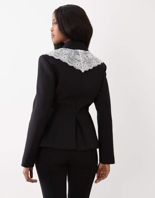 ASOS DESIGN - Peplum blazer met kanten kraag in zwart, 2 van 4