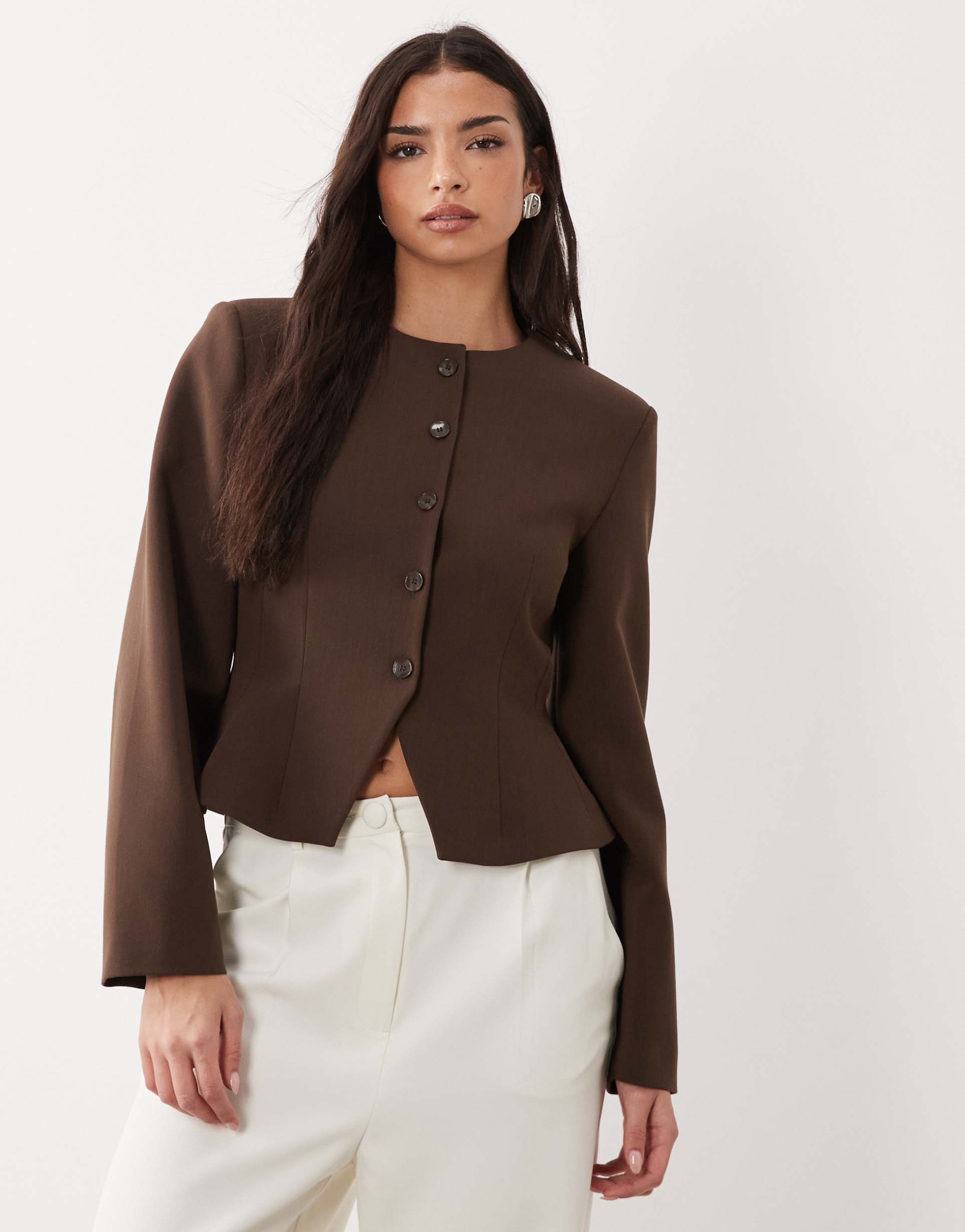 asos design peplum cinched blazer in brown