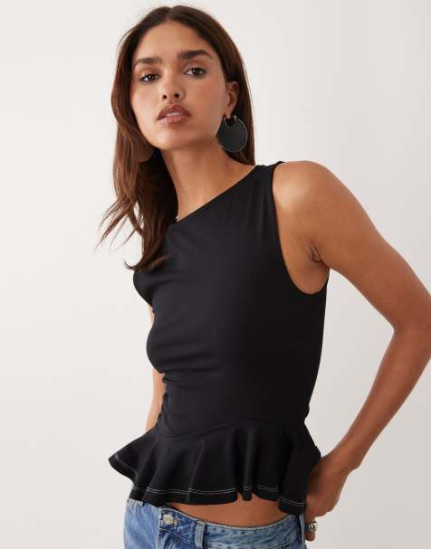 ASOS DESIGN peplum curved hem top in black with contrast stitching - view 1