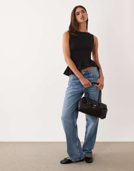 ASOS DESIGN peplum curved hem top in black with contrast stitching, 2 of 4