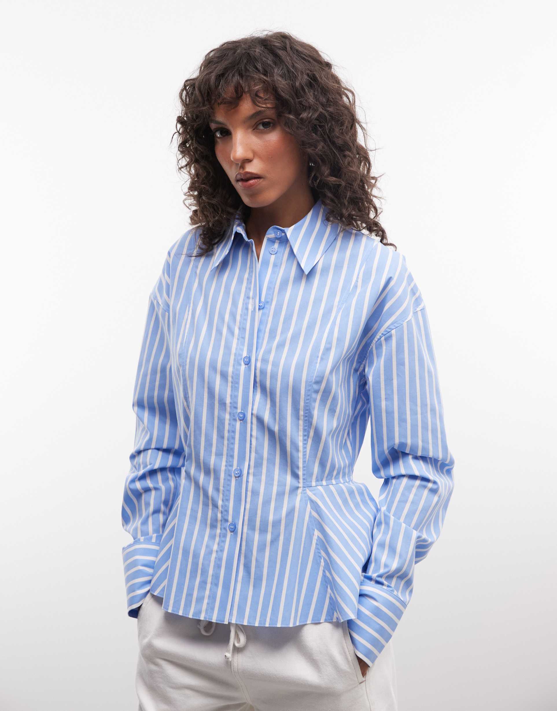 asos design peplum detail shirt in blue and white stripe