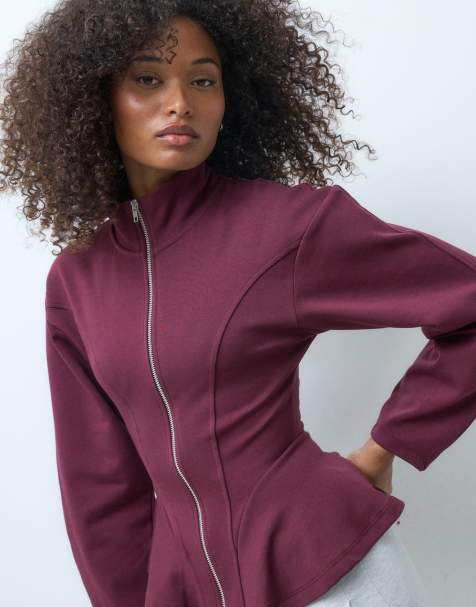 ASOS DESIGN peplum funnel neck zip up in burgundy - view 1