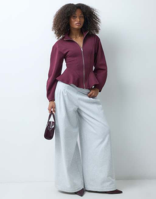 ASOS DESIGN peplum funnel neck zip up in burgundy, 2 of 5