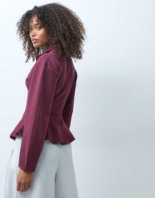 ASOS DESIGN peplum funnel neck zip up in burgundy, 3 of 5