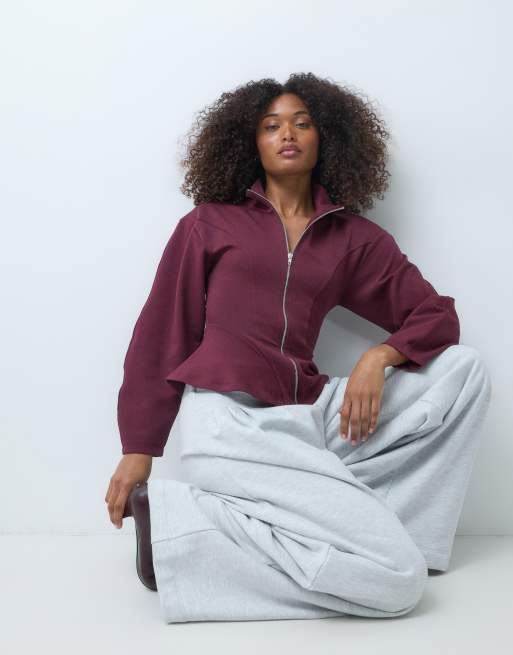ASOS DESIGN peplum funnel neck zip up in burgundy, 4 of 5