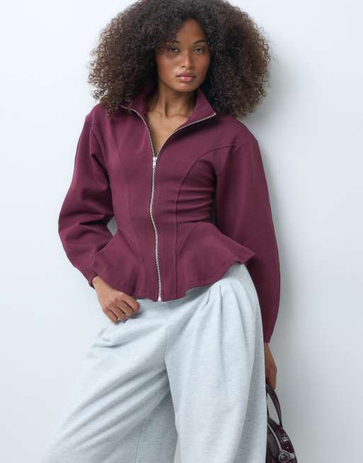 ASOS DESIGN peplum funnel neck zip up in burgundy, 5 of 5