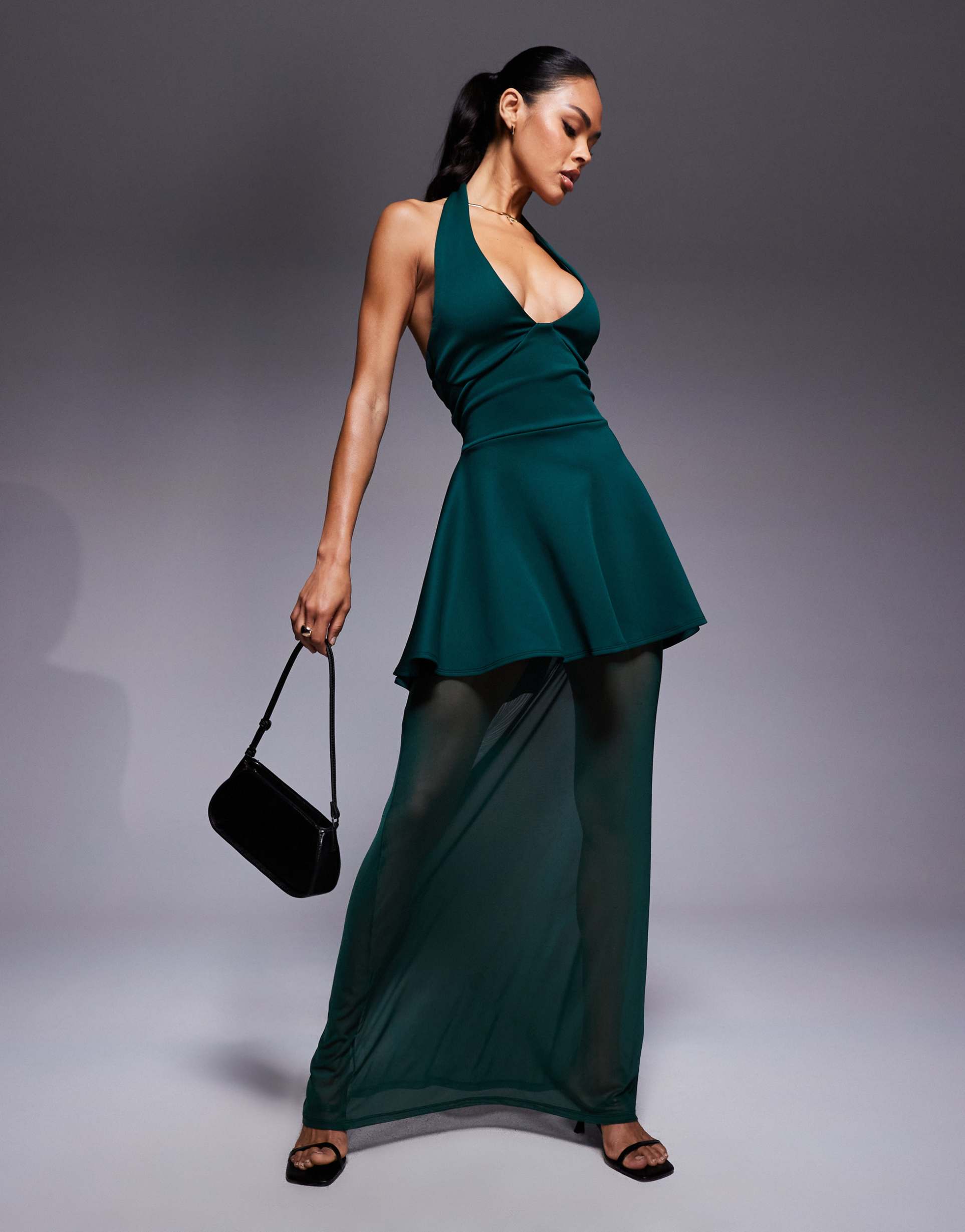 asos design peplum halterneck maxi dress with sheer skirt in bottle green in scuba-style fabric
