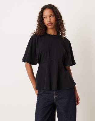 Asos Design Peplum Hem Cinch Tee With Angel Sleeves In Black