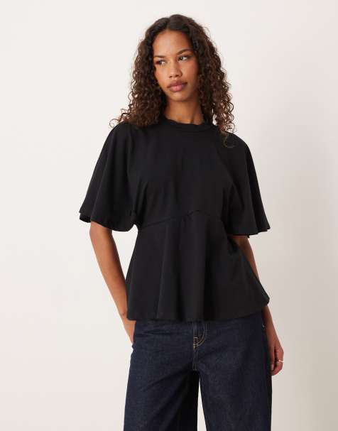 ASOS DESIGN peplum hem cinch tee with angel sleeves in black - view 1