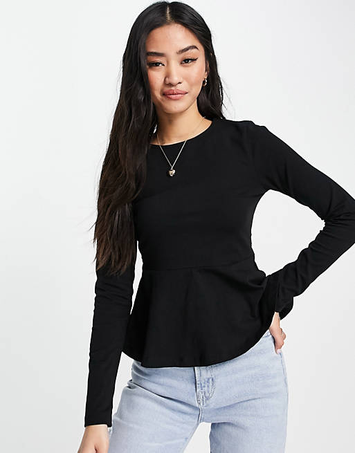 Women Shirts & Blouses/peplum long sleeve top in black 