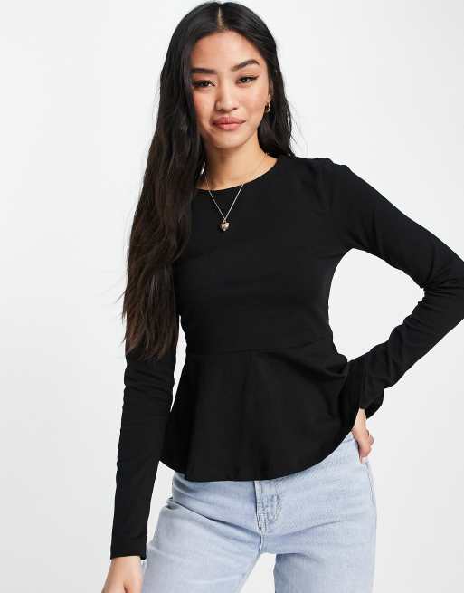 ASOS DESIGN cropped long sleeve crochet top with peplum hem in