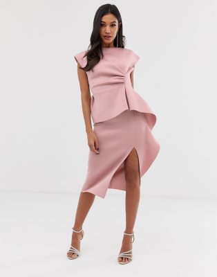 asos design peplum pencil midi dress with tuck detail