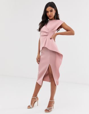 peplum pencil midi dress with tuck detail