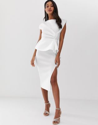 asos design peplum pencil midi dress with tuck detail