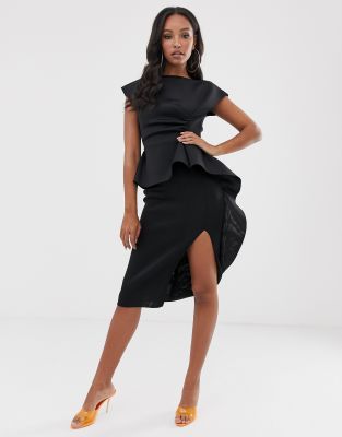 peplum pencil midi dress with tuck detail