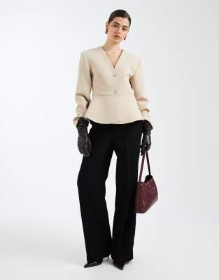 Asos Design Peplum Plunge Blazer In Neutral